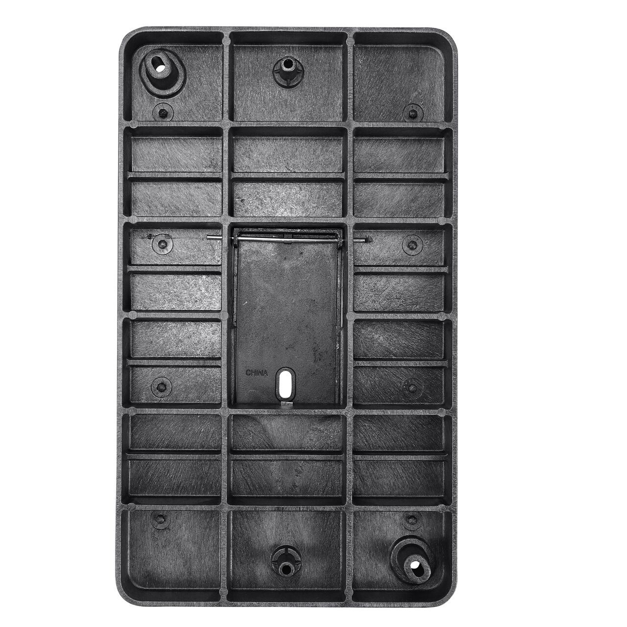 Top down view of the underside of the Black Water Meter cover (NDS 121CDMCIF) for the NDS 13 in. X 24 in. Rectangular Standard Series meter box showing reinforcing ribs that help support pedestrian and lawn care equipment and hinged Cast Iron reader door