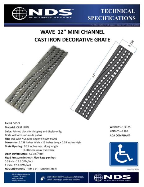 NDS Mini™ Channel Drain Grate Cast Iron Decorative Wave Design Tech Spec