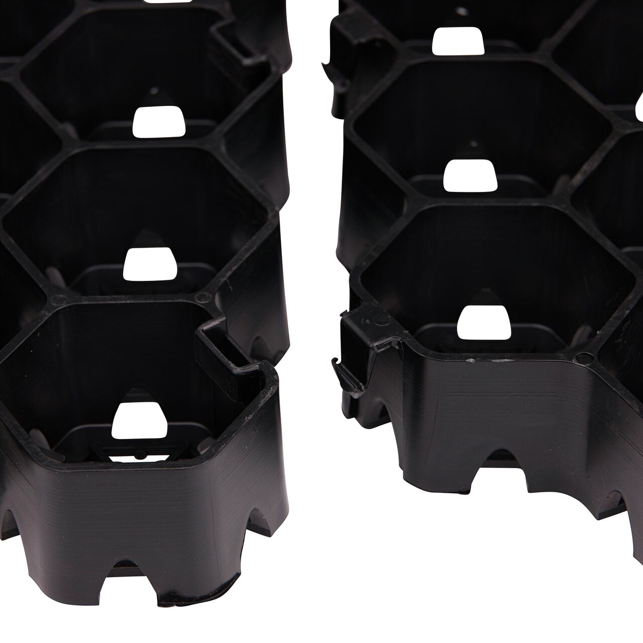 Step 1 to install the NDS Tufftrack Grass Pavers (NDS TT-24) by lining up the Tongue-and-groove locking system on each piece