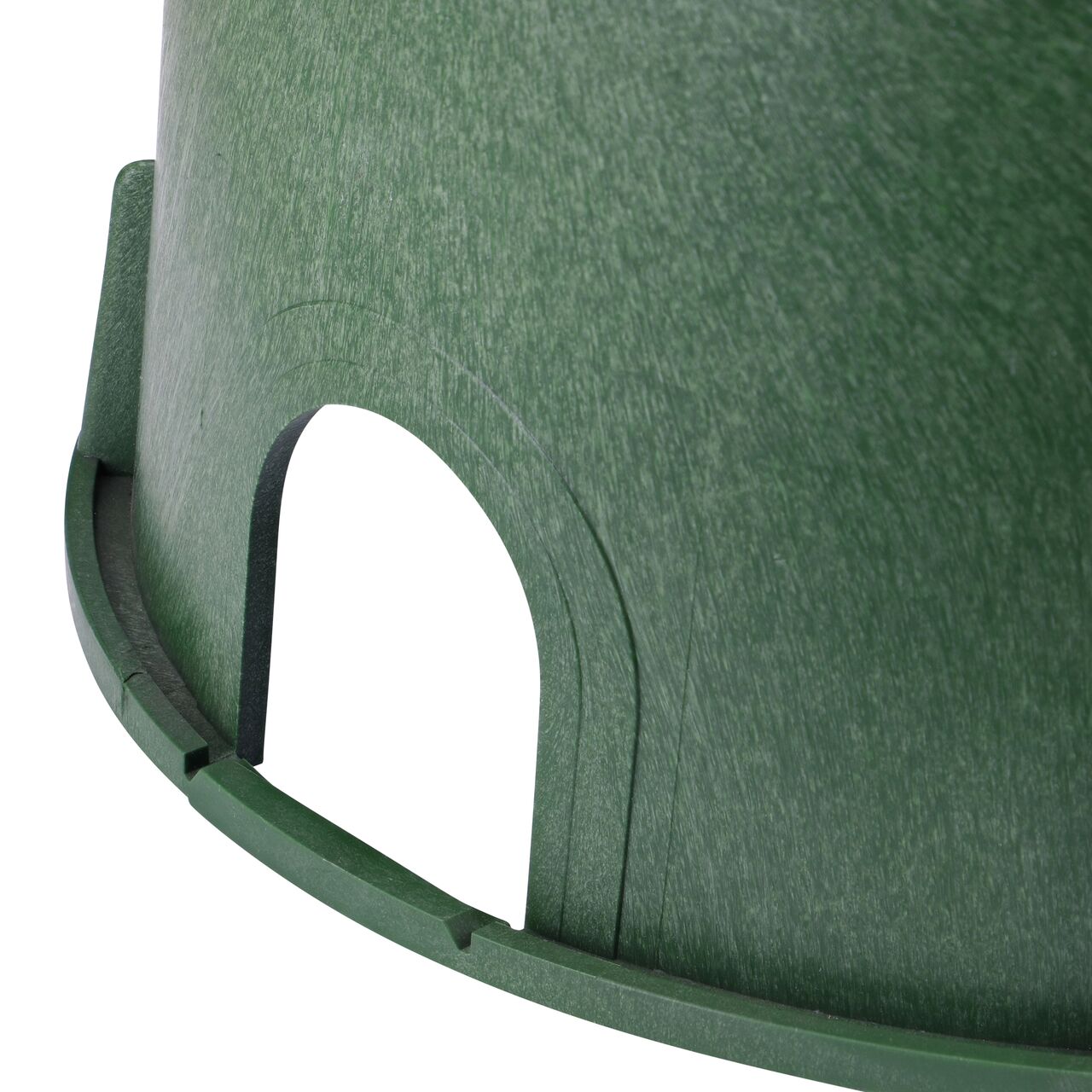 Closeup view of the pipe hole on the NDS Green plastic 10 in. Round Standard Series Valve Box (NDS 112B)