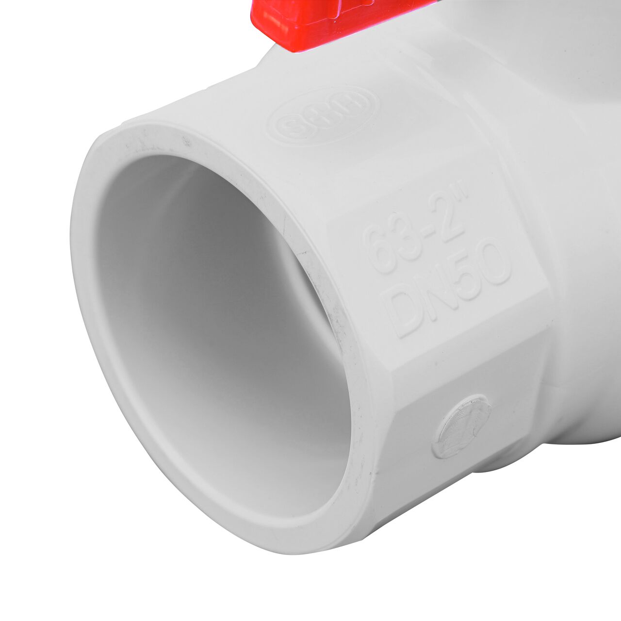 Closeup of the NDS 2 in. Slip IPS Ball Valve showing the stem that is made of durable PVC material (NDS E1410-20)
