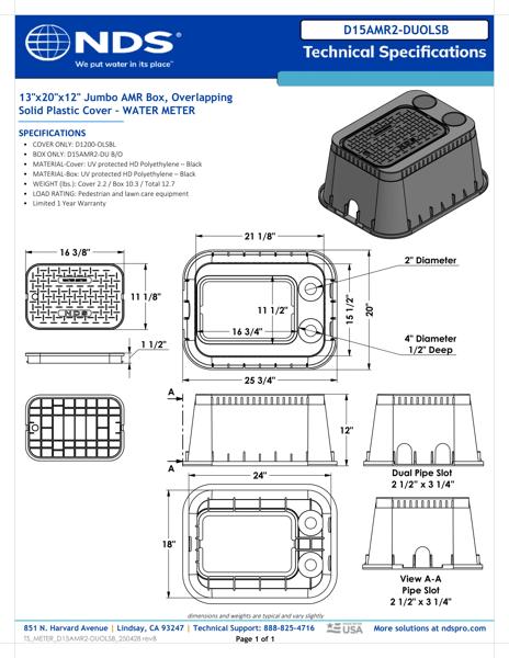 NDS 13 in. X 20 in. Rectangular Meter Box on Reader End with Dual Pipe Slots and AMR Cover, 12 in. Height, Black Box, Black Water Meter Cover Tech Spec