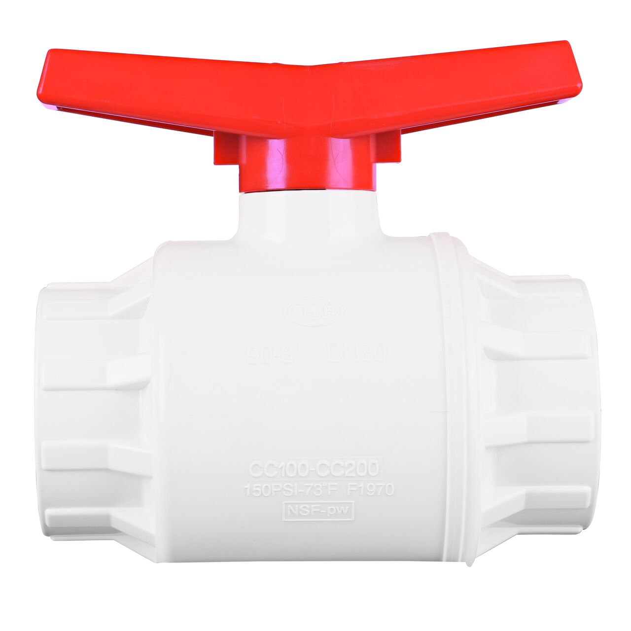 A closeup of the NDS IPS Ball Valve shows that the product can fits 3 in. IPS pipes in an irrigation or other pressurized system  (NDS E1410-30)