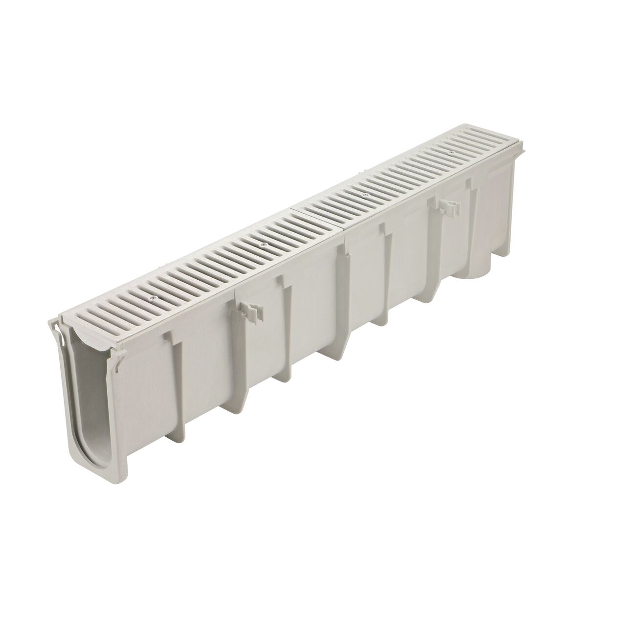 The NDS 10.38 in. to 10.71 in. Deep Dura Slope Channel Drain (NDS DS-110) with two Standard Dura Slope Light Gray Grate installed (NDS 661LG)