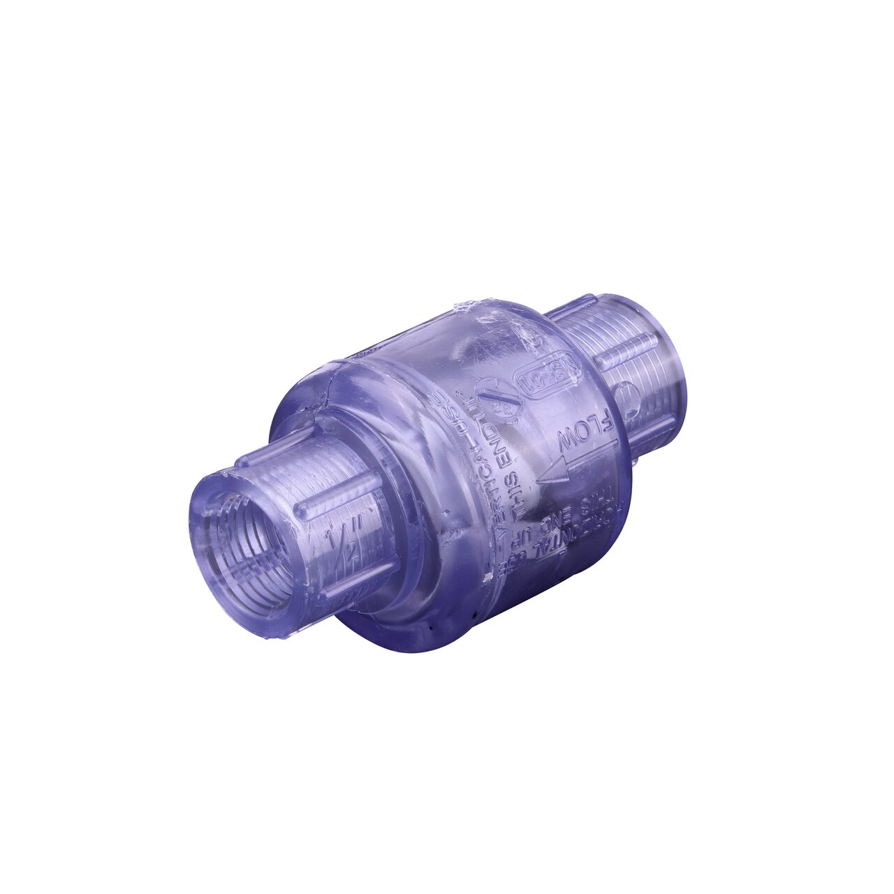 Alternate direction of the NDS Clear 1/2 in. female end by female end PVC Swing Check Valve (NDS 1520C05F). Water is conveyed one-way through the valve when the flap opens.