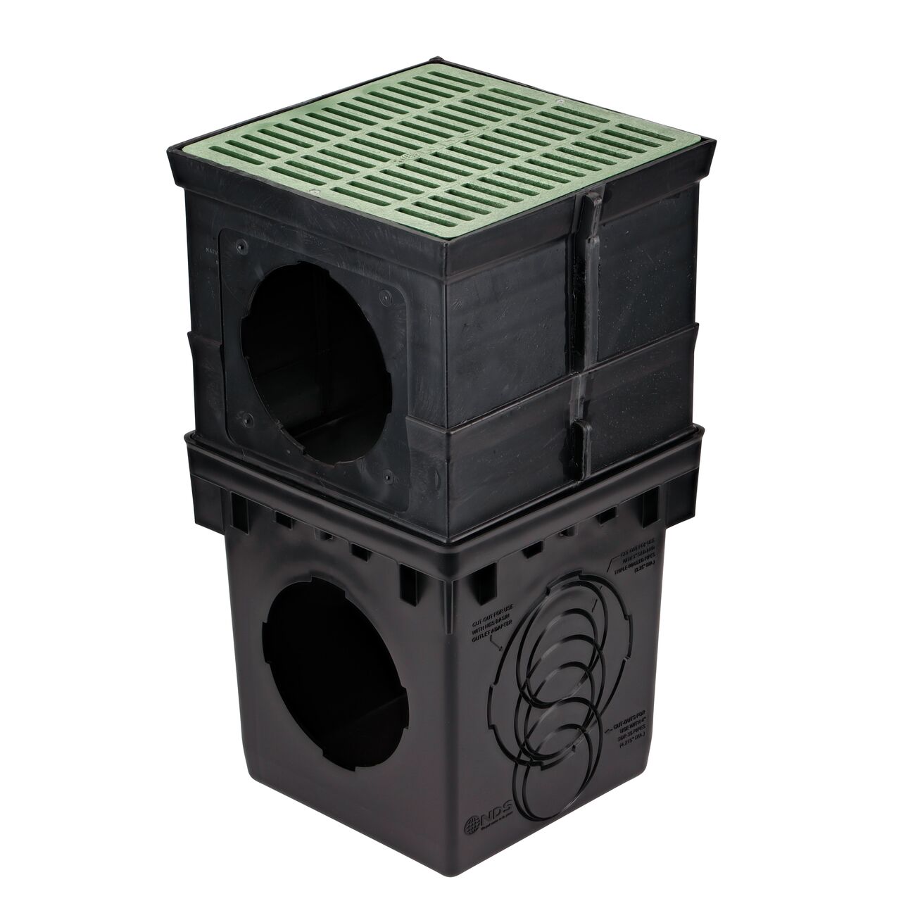 The 12 in. Riser with 2 openings (NDS 1217) sits on a 12 in. Catch Basin Drain (NDS 1200) and can hold a Catch Basin Drain Grate (NDS 1212)