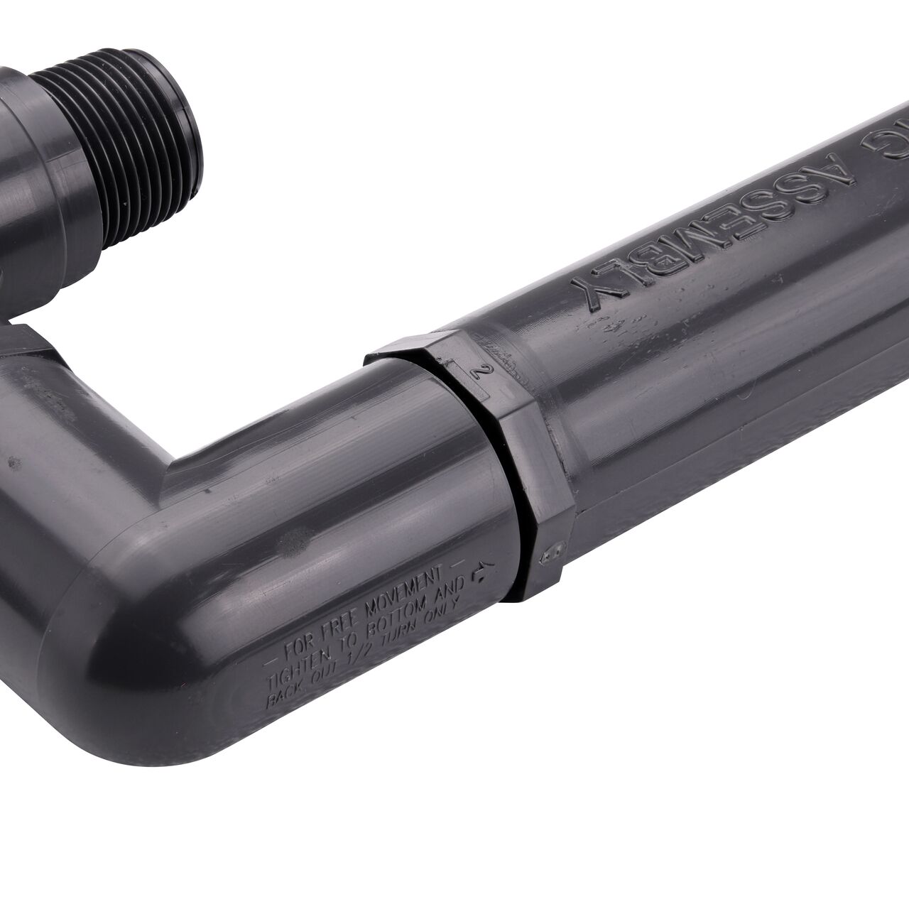 Closeup view of the NDS PVC Triple Swing Joints Assembly, Sch. 80 3/4 in. spigot X 3/4 in. MPT shows a rotating elbow that is ideal for placing sprinklers in narrow or uneven areas that the pipeline can’t reach (NDS TSA-0750-ST)