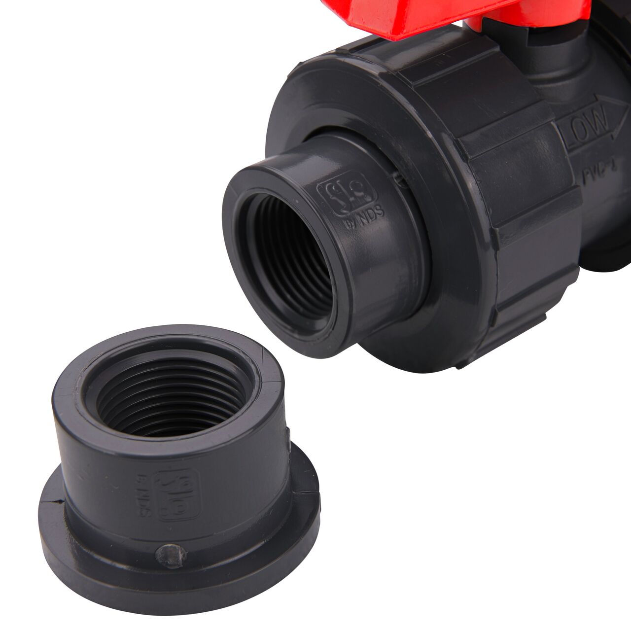 Closeup view of the removable threaded end on the 3/4 in. PVC Slip & Threaded True Union Ball Valve (NDS BTU-0750-E) showing where it connects to 3/4 in. Schedule 80 pipe