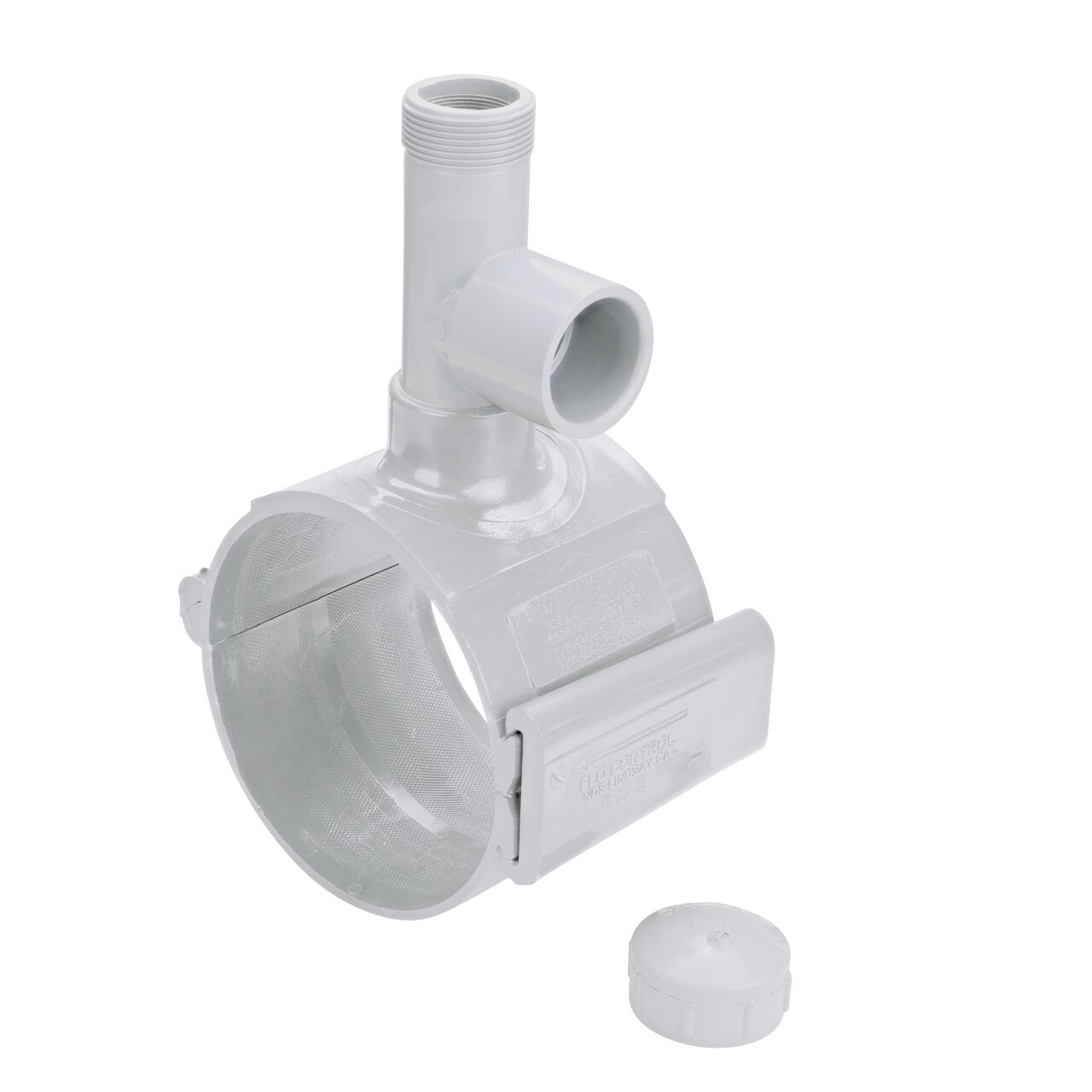 Unassembled view of the 6 in. NDS Flo-Tap™ Rigid PVC saddle with 1-1/2 in. socket or 2 in. spigot connection on top (NDS 3260) includes a patented wedge to secure on PVC pipe and built-in saw tooth cutter with cap at the top