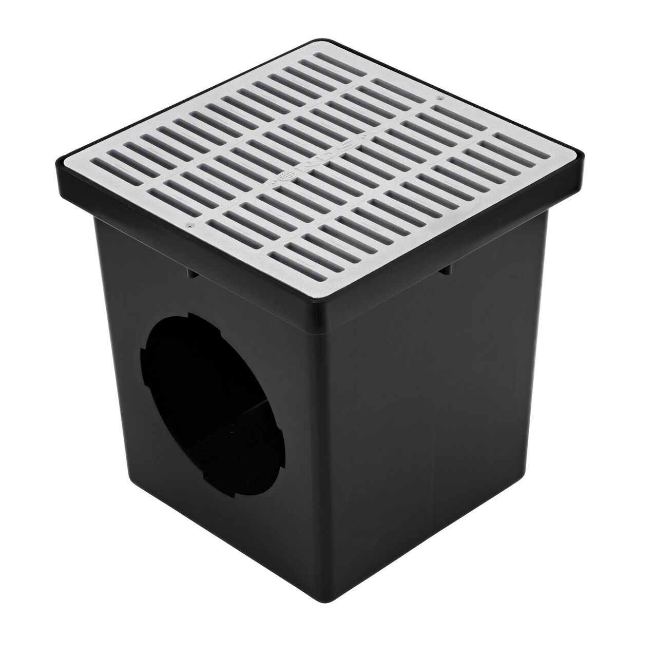 The NDS 12 in. Square Catch Basin Drain Grate, Gray Plastic (NDS 1210) fits on a NDS 12 in. Square Catch Basin (NDS 1200*); retail