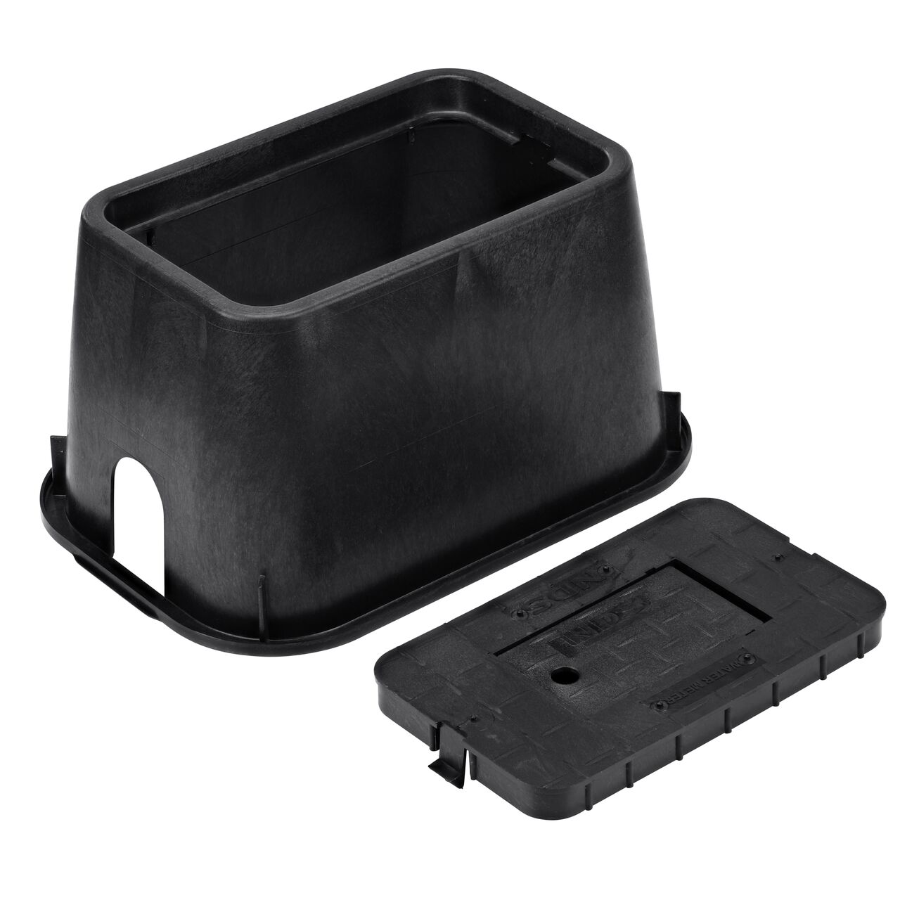 Unassembled View of the NDS 10 in. X 15 in. Black Rectangular D1000 Meter Series meter box and Black Water Meter Drop-In lid cover (NDS D1000-RB) with plastic reader door