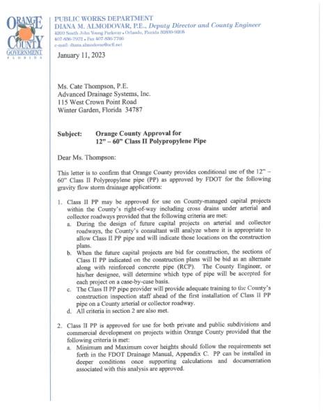 Orange County Approval Flier: 12"-60" Class II Polypropylene Pipe