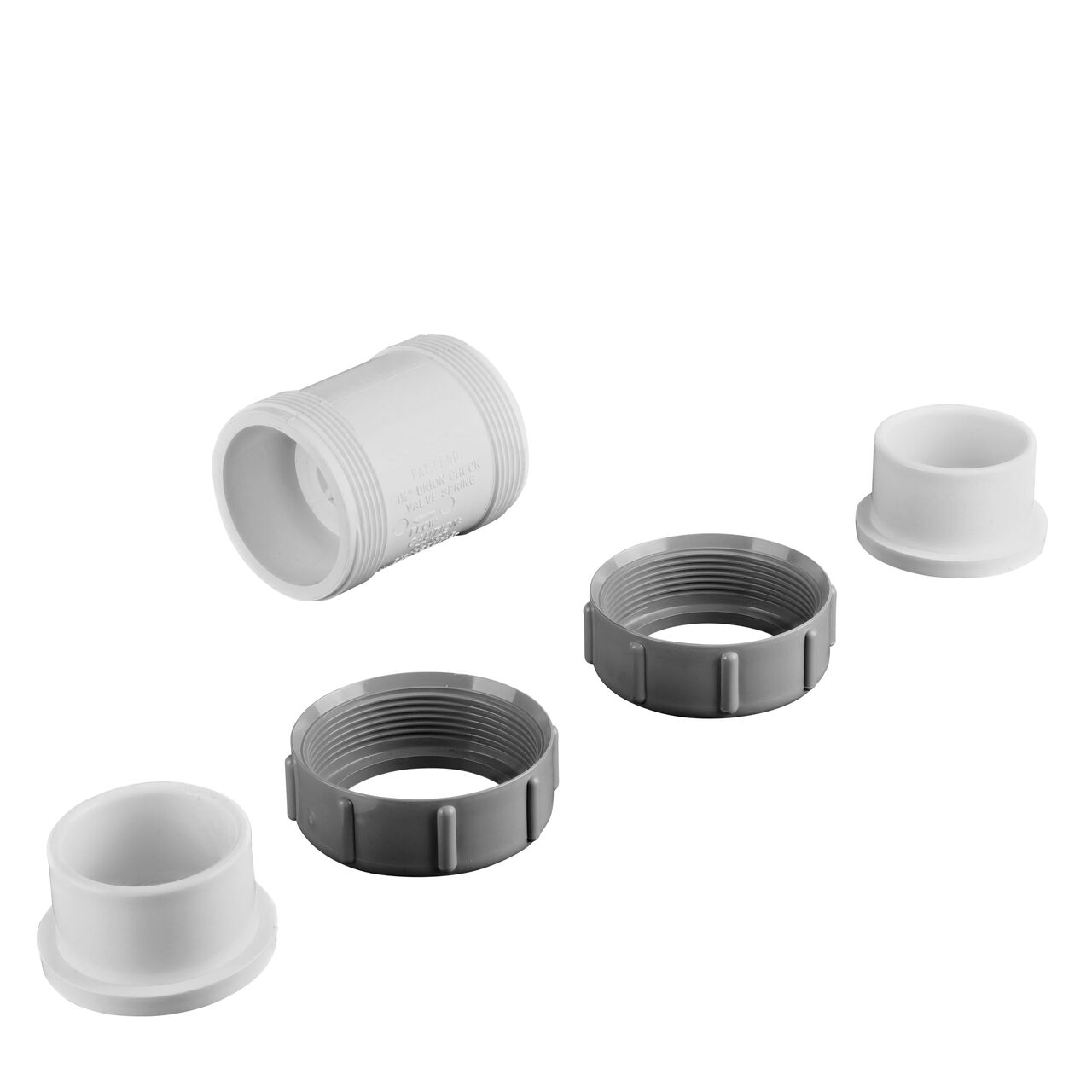 Unassembled view of the NDS 1-1/2 in. IPS slip by slip PVC Compact True Union Spring Check Valve (NDS 1790-15) where ends unscrew to remove for maintenance