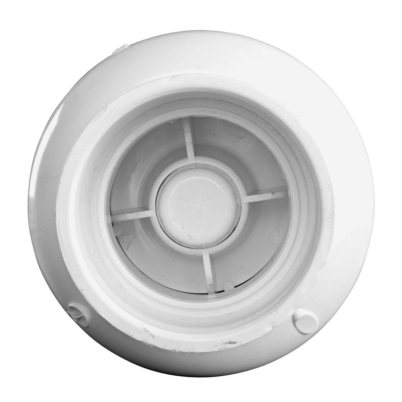Down the Mouth view of the NDS White 2 in. slip end by slip end PVC Spring Check Valve (NDS 1011-20, NDS 1012-20) showing the flapper