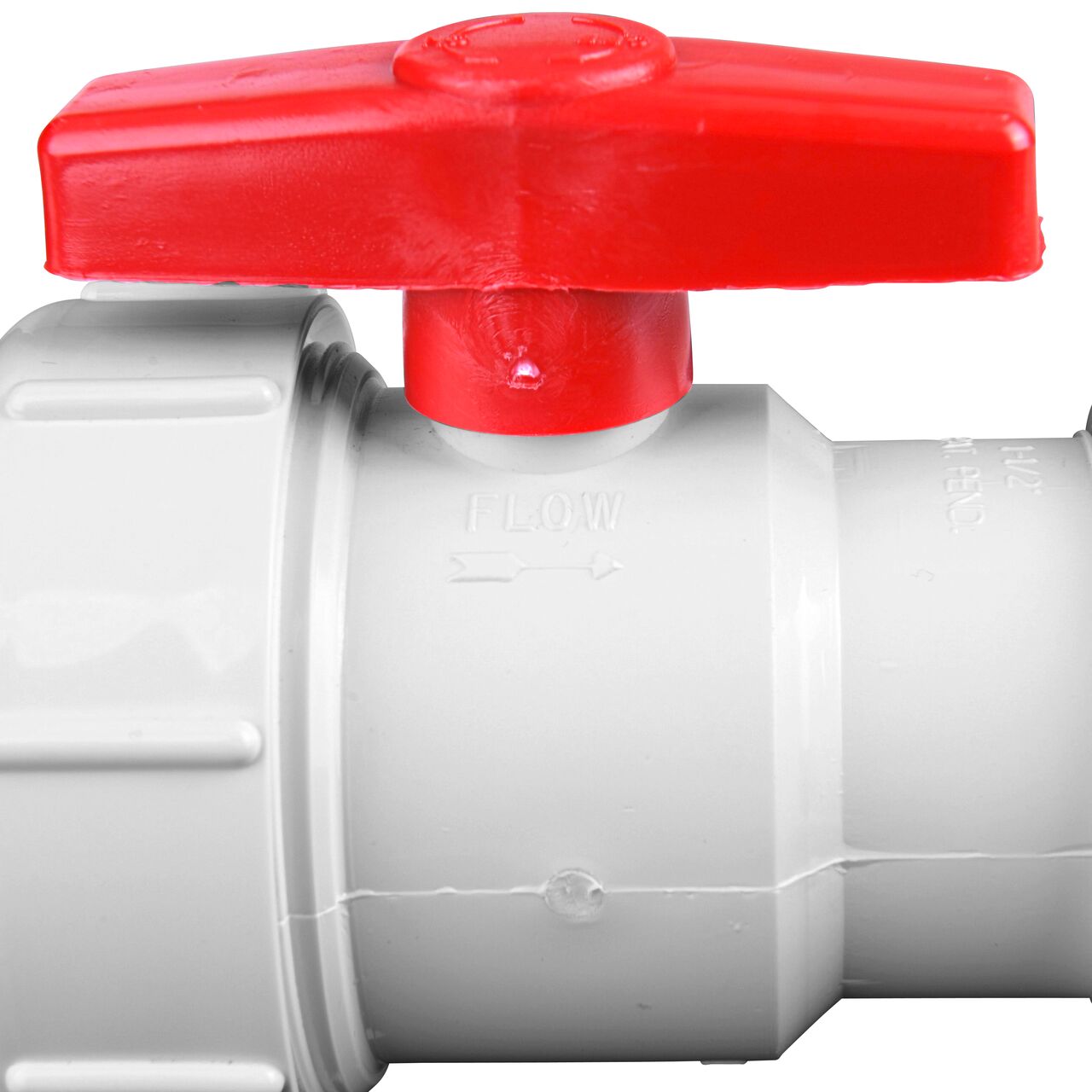 Closeup of the outside arrow showing water flow direction on the NDS White 1-1/2 in, IPS UC X UC Checkmate PVC Swing Check and Ball Valve Combination (NDS 2200-15UC)