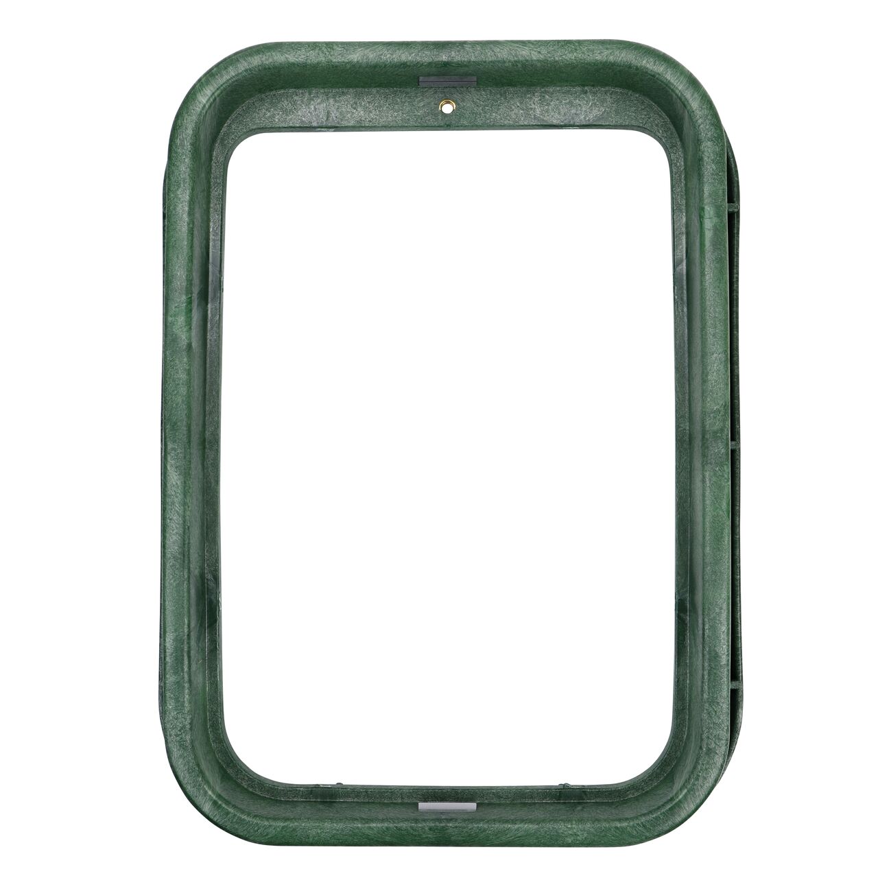 Top down view of the inside of the durable Green plastic 13 in. X 20 in. Rectangular Standard Series Jumbo Valve Box Extension (NDS 118-6) showing bolt hole, and how the valve cover is secured to the valve box