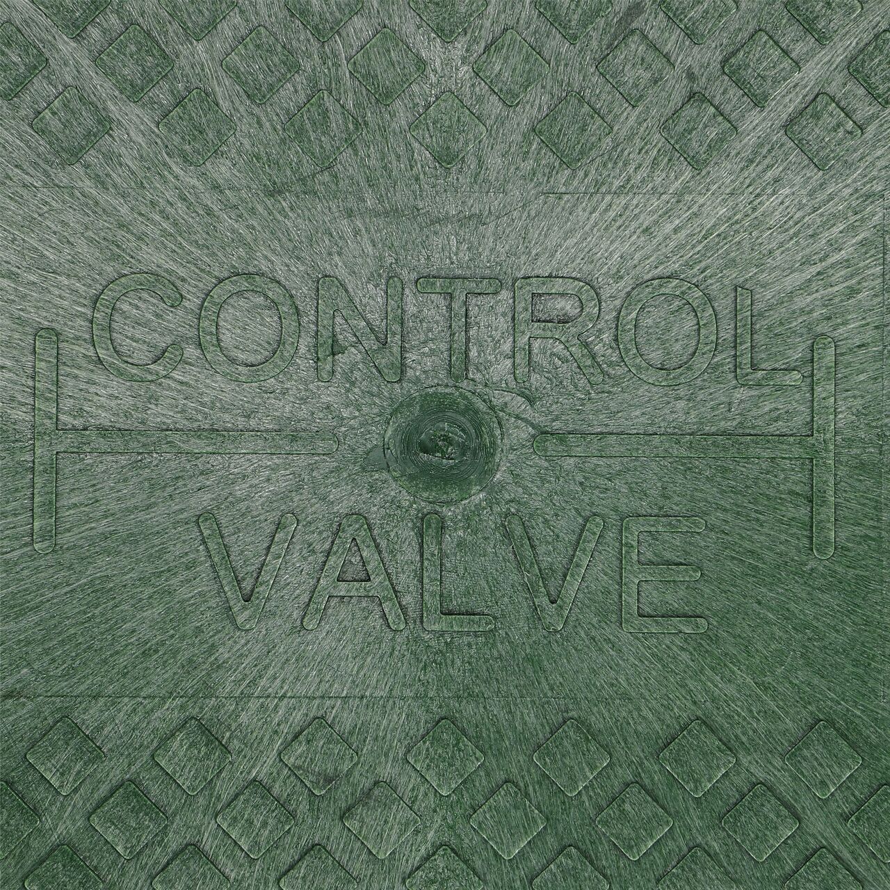 Closeup view of the Control Valve markings on the Green Control Valve cover (NDS M4-SGL) for the NDS 8 in. x 14 in. Oval Standard Series Valve Box