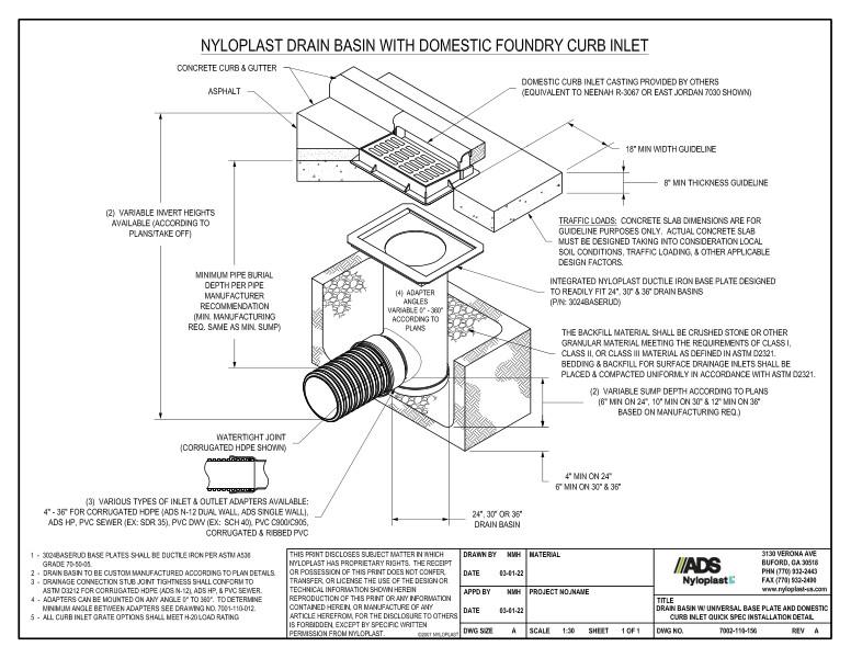 Drain Basin with 3024BASERUD Base Plate & Domestic Casting Quick Spec Installation Nyloplast Detail
