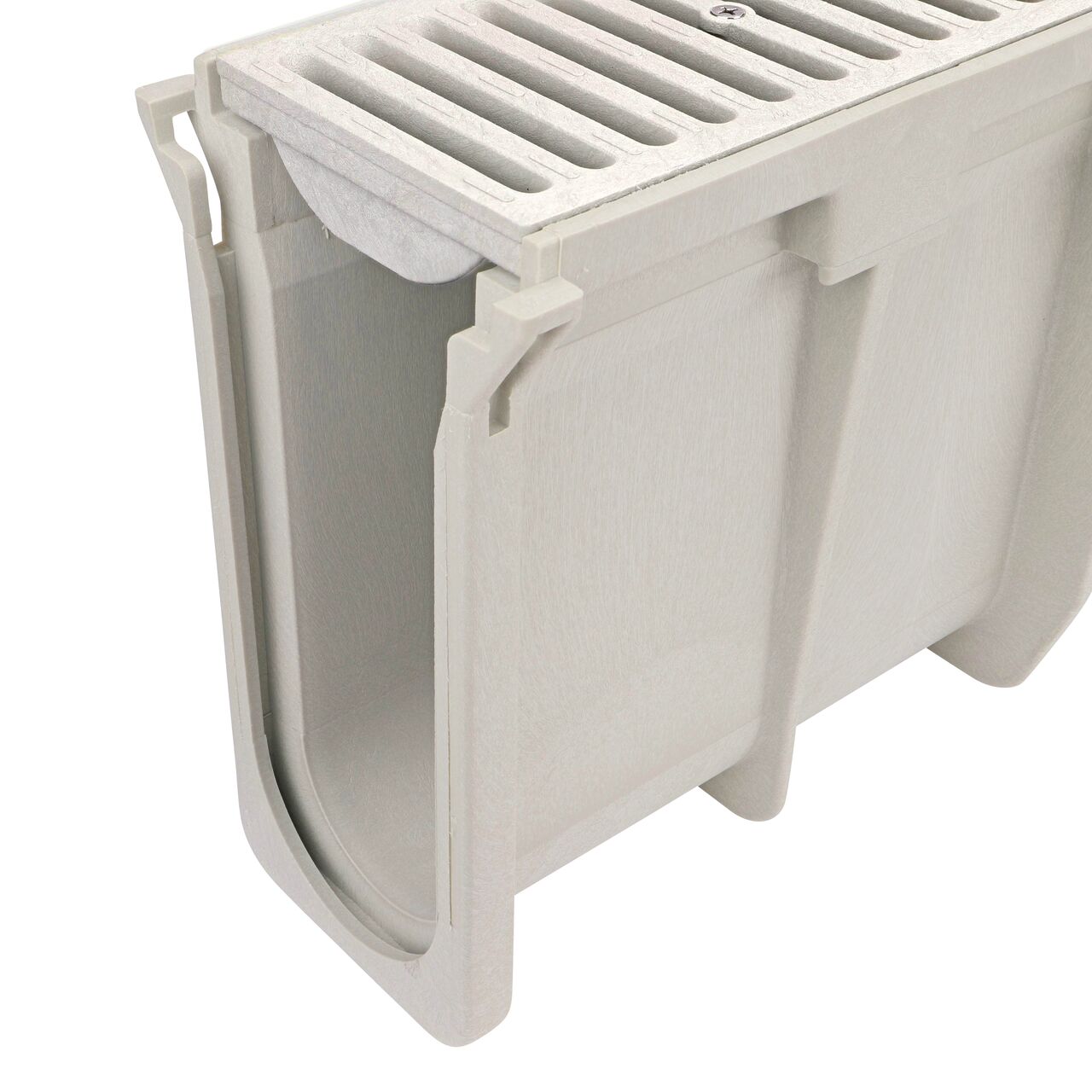 Closeup groove (female) side of the NDS 11.72 in. to 12.06 in. Deep Dura Slope Channel Drain (NDS DS-114) with the Standard Duraslope Light Gray Grate installed (NDS 661LG)
