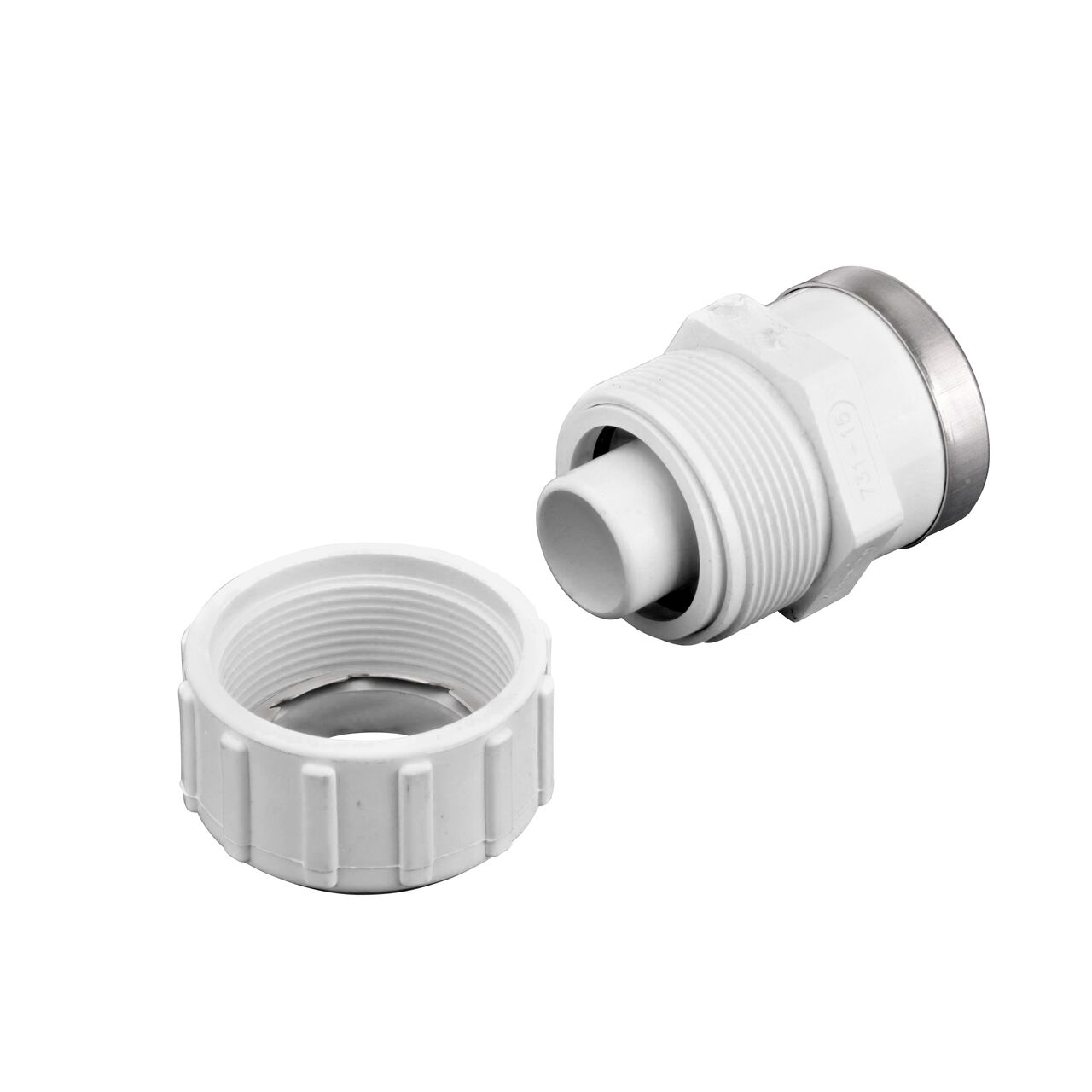 Unassembled NDS 1-1/2 in. SDR-9 CTS X 1-1/2 in. FPT Flo-Lock™ Gripper Adapter showing where the two ends come apart to secure the adapter to the pipe (NDS 731-15)
