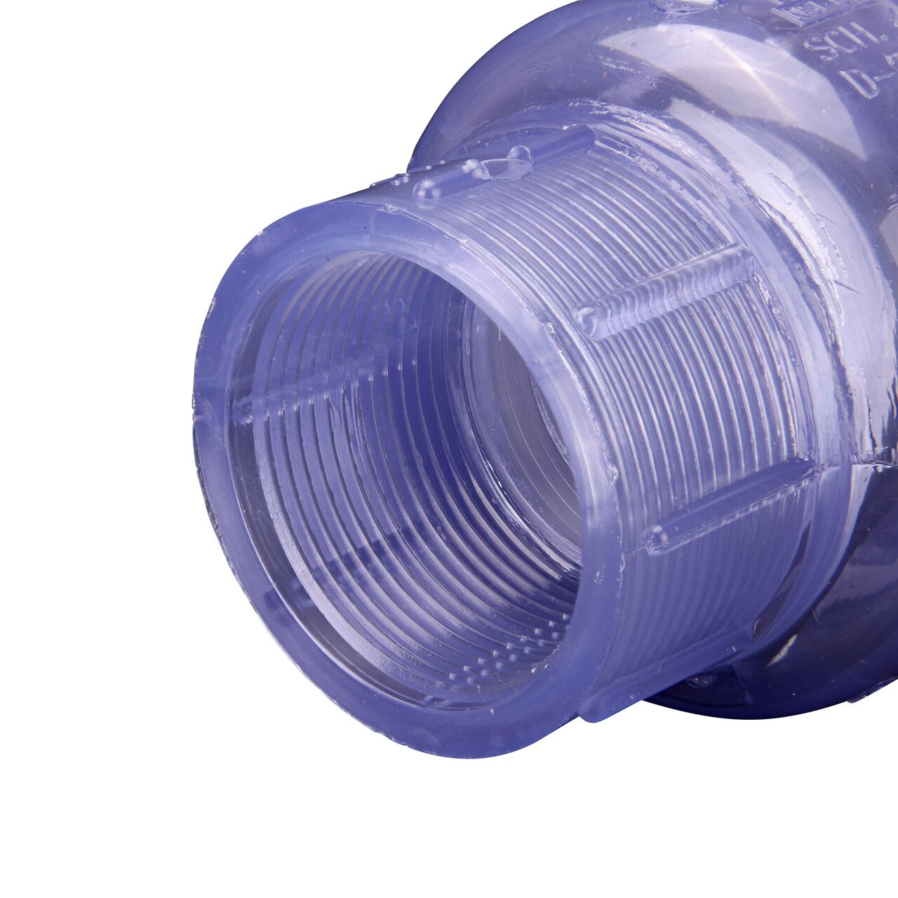 Closeup of the inlet end of the NDS Clear 1-1/2 in. female end by female end PVC Swing Check Valve (NDS 1520C15F) which prevents backflow in pipelines