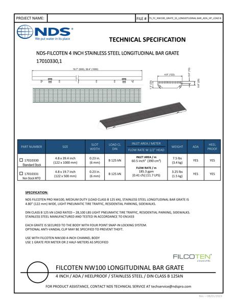 NDS BG-FILCOTEN® 100 Trench Drain Grate Bar Design Stainless Steel Tech Spec
