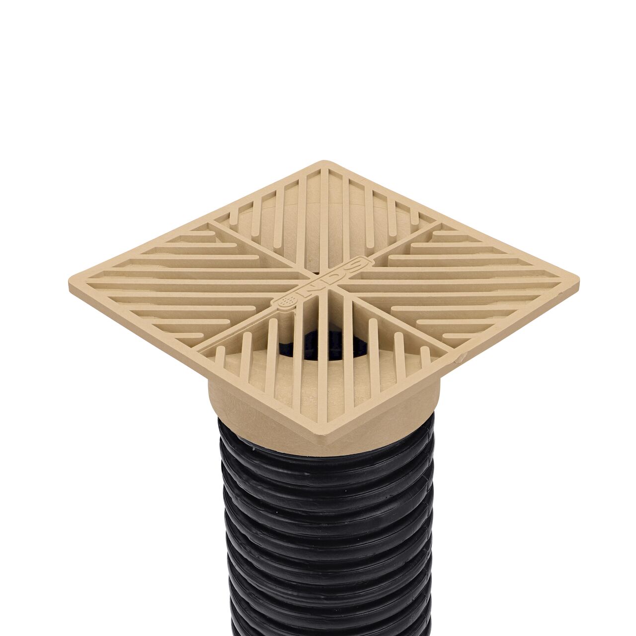 6 in. Square Grate, Fits 3 in. & 4 in. Drain Pipes & Fittings, Sand Plastic; NDS Sand plastic 6 in. Square Grate Fits 3 & 4 in. Draining Pipes and Fittings installed on 3 in. Sing-Wall Corrugated Pipe (NDS O6s)