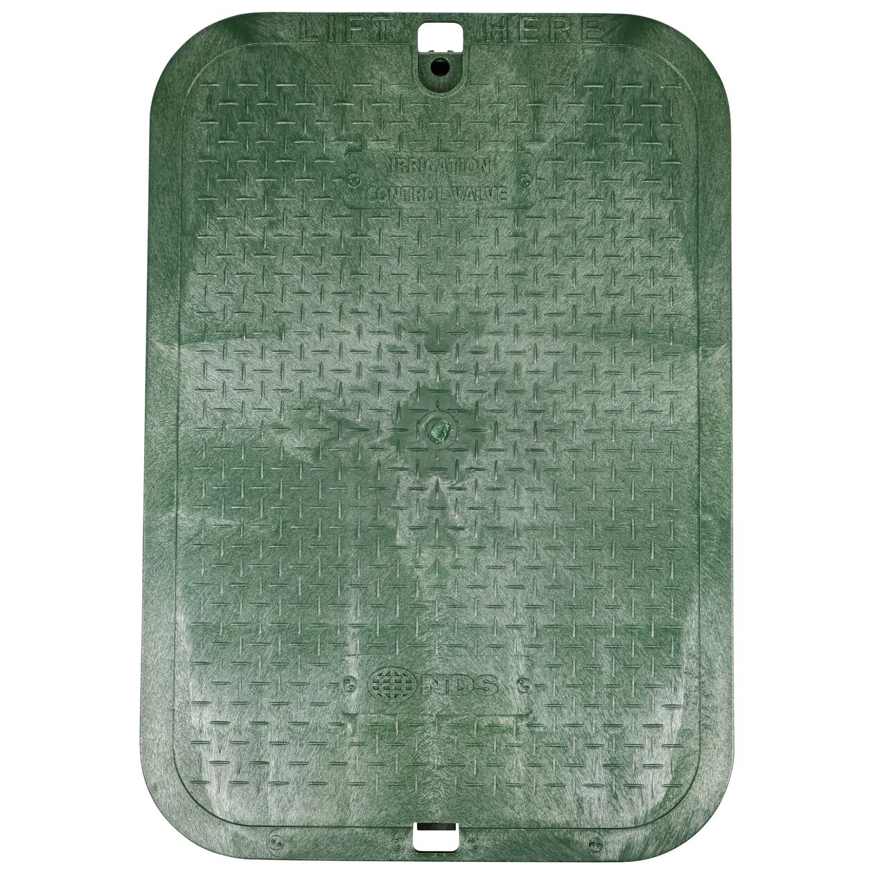 Alternate View of the top of 13 in. X 20 in. Rectangular Jumbo Green ICV Cover with bolt hole to secure lid (NDS 117BC)