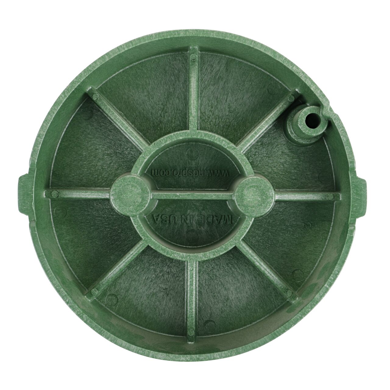 Top down view of the underside of the green sewer water valve box cover for the NDS 10 in. Pro-Spec® Series (NDS 311CS) valve box showing reinforcing ribs that help support pedestrian and lawn care equipment