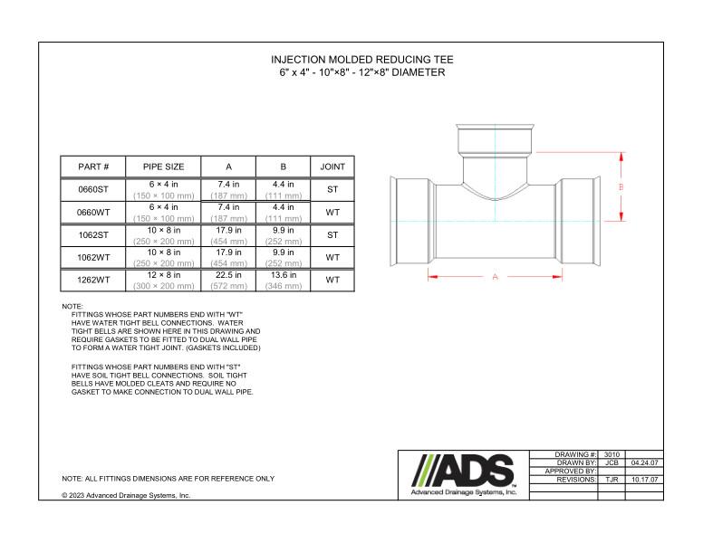 6" x 4" - 10" x 8" - 12" x 8" Injection Molded Reducing Tees (HDPE Dual Wall Injection Molded Tees Fittings)