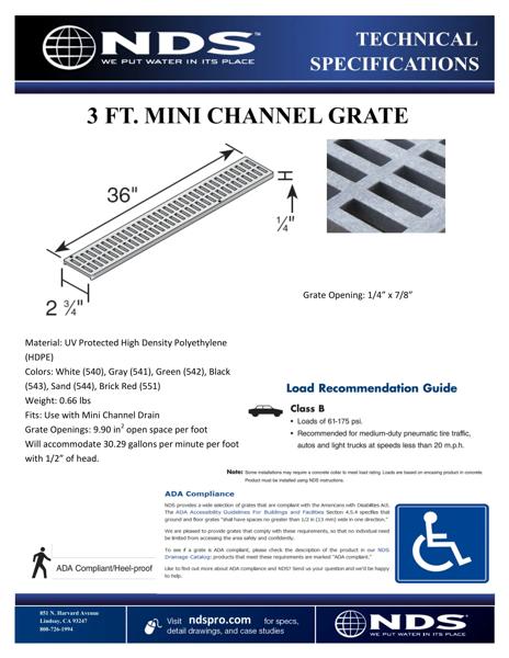NDS Mini™ Channel Drain Grate Plastic Slotted Design Tech Spec