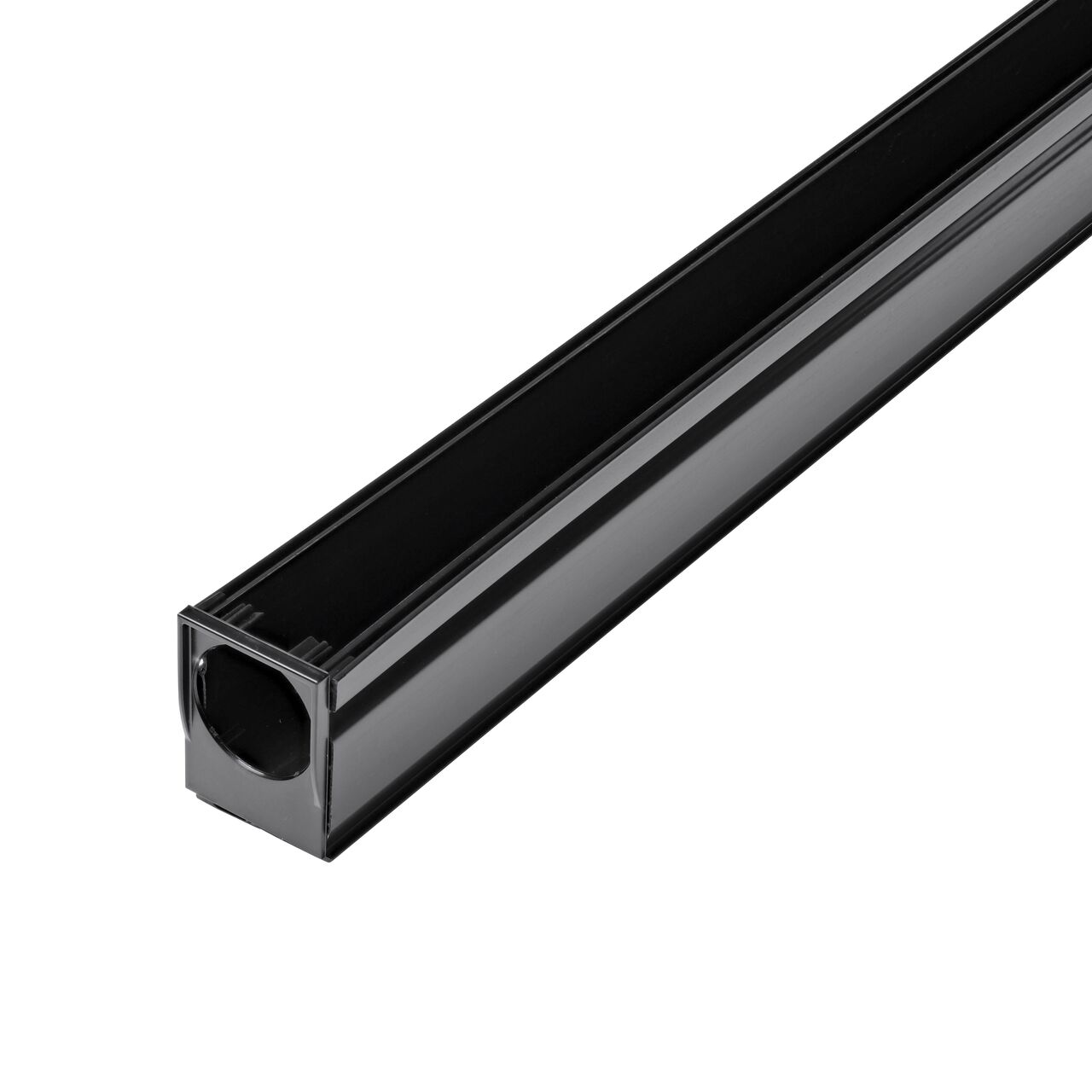 Slim Channel™ Drain End Cap/Outlet, Black Plastic (NDS 9247) fits on the Slim Channel™ Drain (NDS 9206) and has a convenient knockout which becomes an outlet to 1.5 in. Sch. 40 pipe.