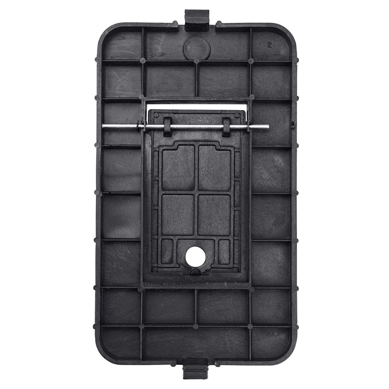 Top down view of the underside of the Black Water Meter cover (NDS D1000-RBL) for the NDS 10 in. X 15 in. Rectangular Standard Series meter box showing reinforcing ribs that help support pedestrian and lawn care equipment and hinged plastic reader door