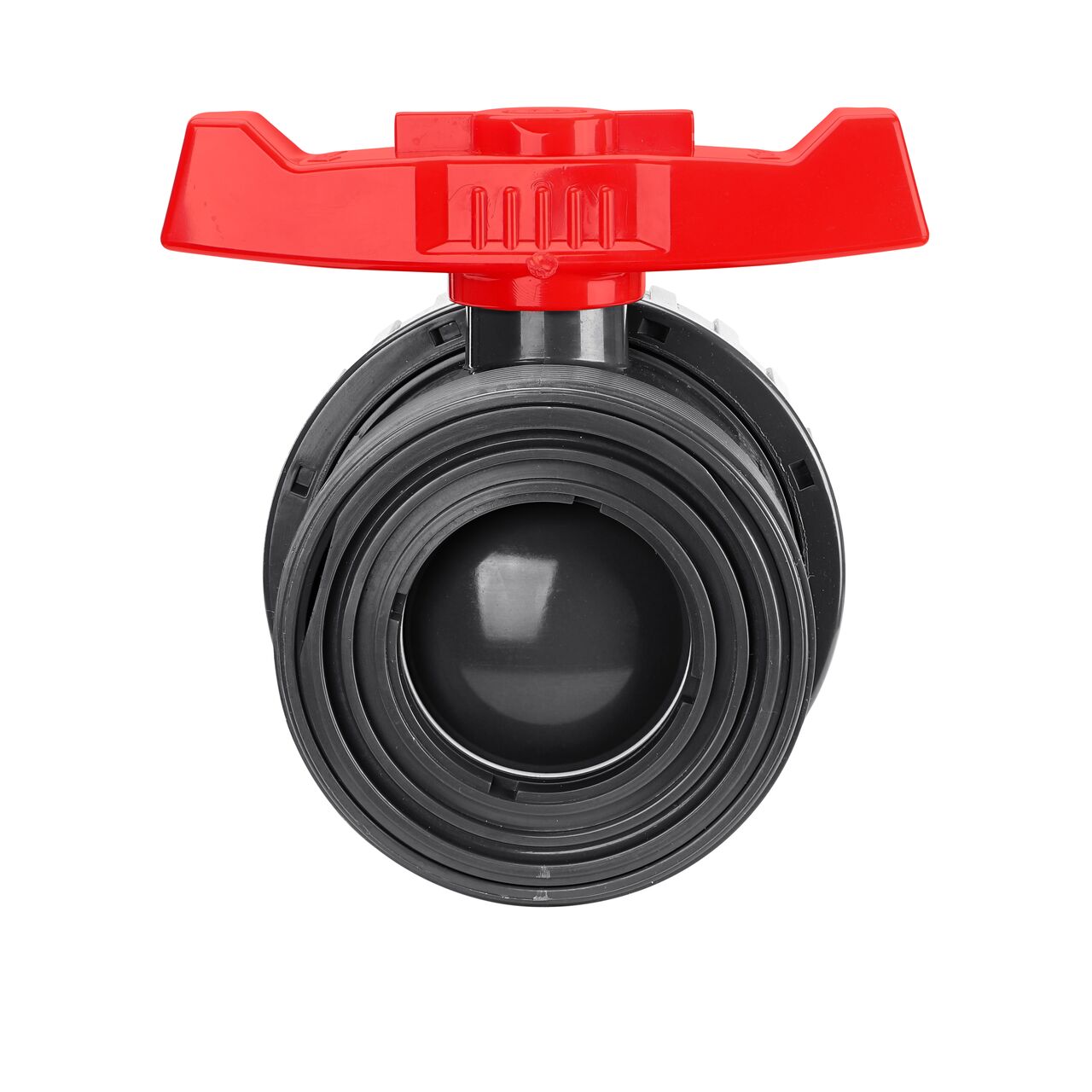 The NDS 3 in. PVC Slip True Union Ball Valve shown partially unassembled with ABS handle rotated to fully stop the flow in pipe systems for easy maintenance (NDS BTU-3000-SE)