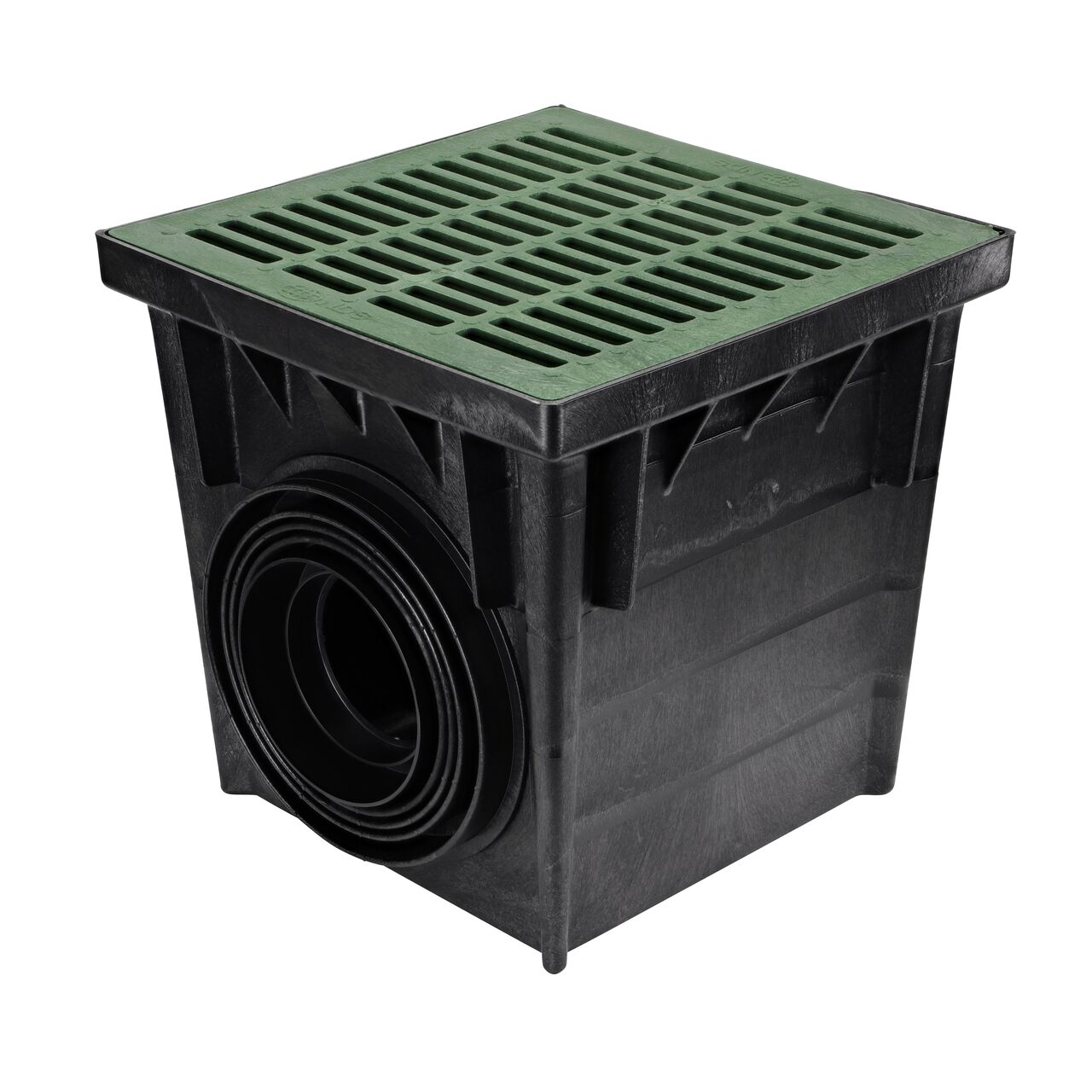 Black plastic 24 in. Catch Basin Drain Kit (NDS 2400GRKIT) set up with a green grate (NDS 2412), adapter (NDS 1888) that connects to 8 in. drainage pipes, and adapter (NDS 2410) and plug (NDS 1206)