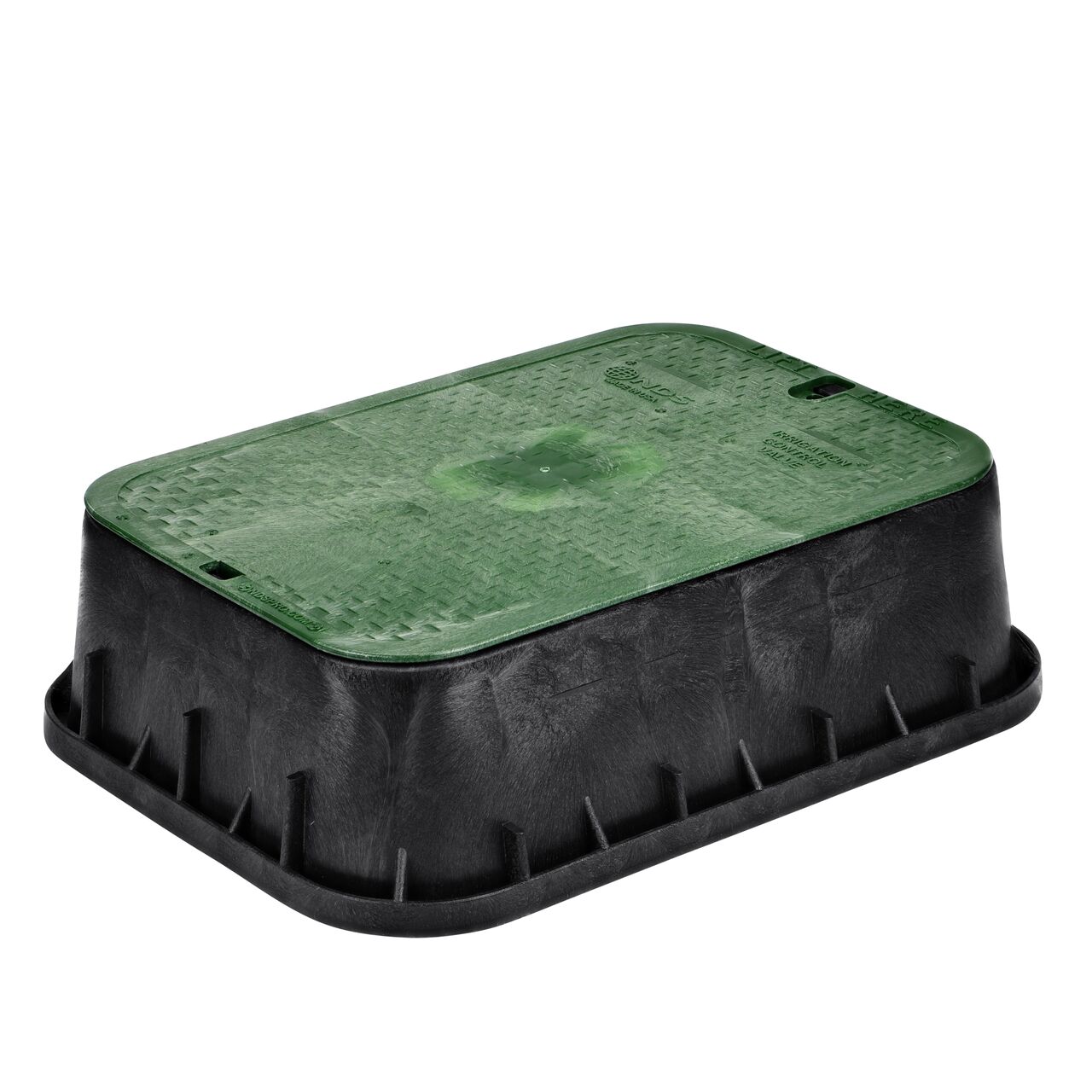 The NDS 13 X 20 in. Rectangular Standard Series Jumbo Valve Box Tapered Extension and Cover is a 6-1/2 in. high Black Box and Green Irrigation Control Valve Cover with Irrigation Control Valve markings on the overlapping lid (NDS 119TBC) and protects underground irrigation and sprinkler system components and keeps them out of sight