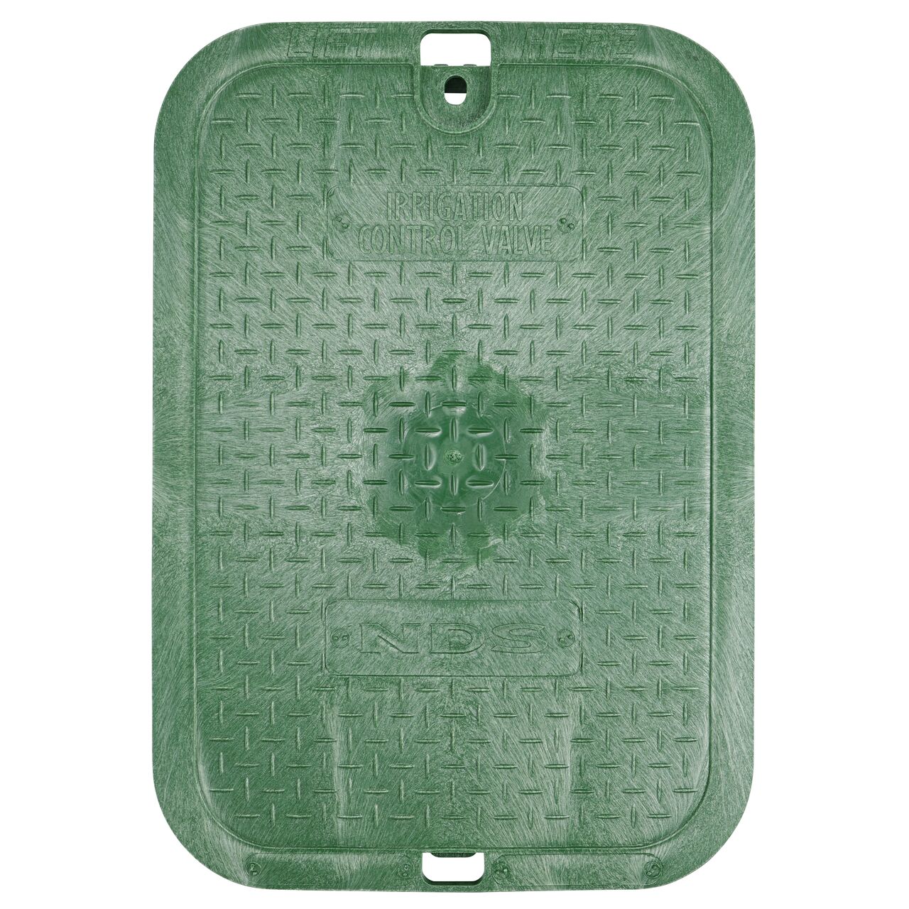 Top Down View of the top of the 14 in. X 19 in. Rectangular Green ICV Cover with bolt hole to lock down lid (NDS 113BC)