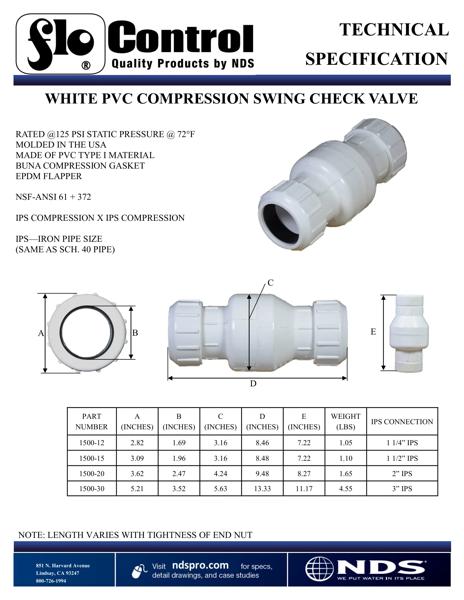 NDS PVC Compression Swing Check Valve White Tech Spec