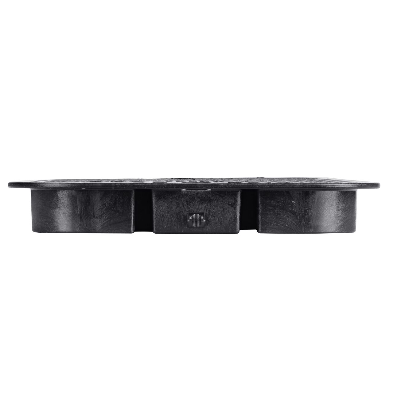 The NDS 13 X 20 in. Rectangular Standard Series Black water Jumbo Valve Box Cover (NDS 117CW) is an overlapping lid shown here from the side, that prevents dirt and debris from entering the valve box