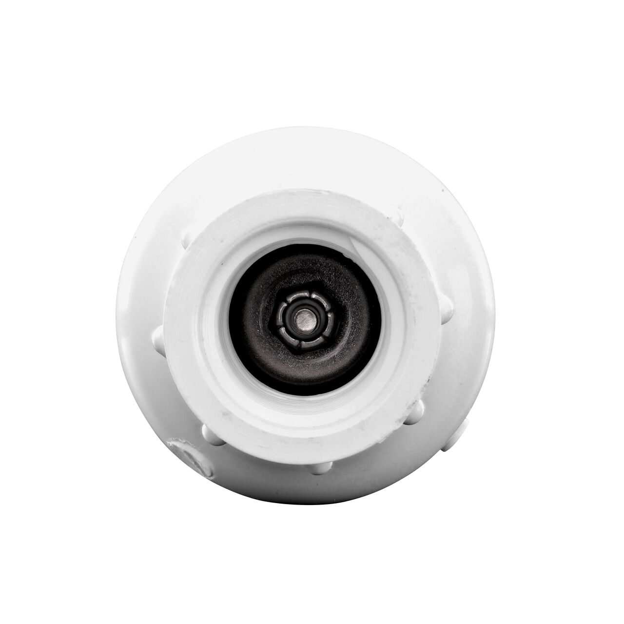 View of the adjustable nut within one threaded end on the NDS White 1/2 in. IPS FPT X FPT PVC Adjustable Spring Check Valve with 2-5 lb. Spring (NDS 1205-05)
