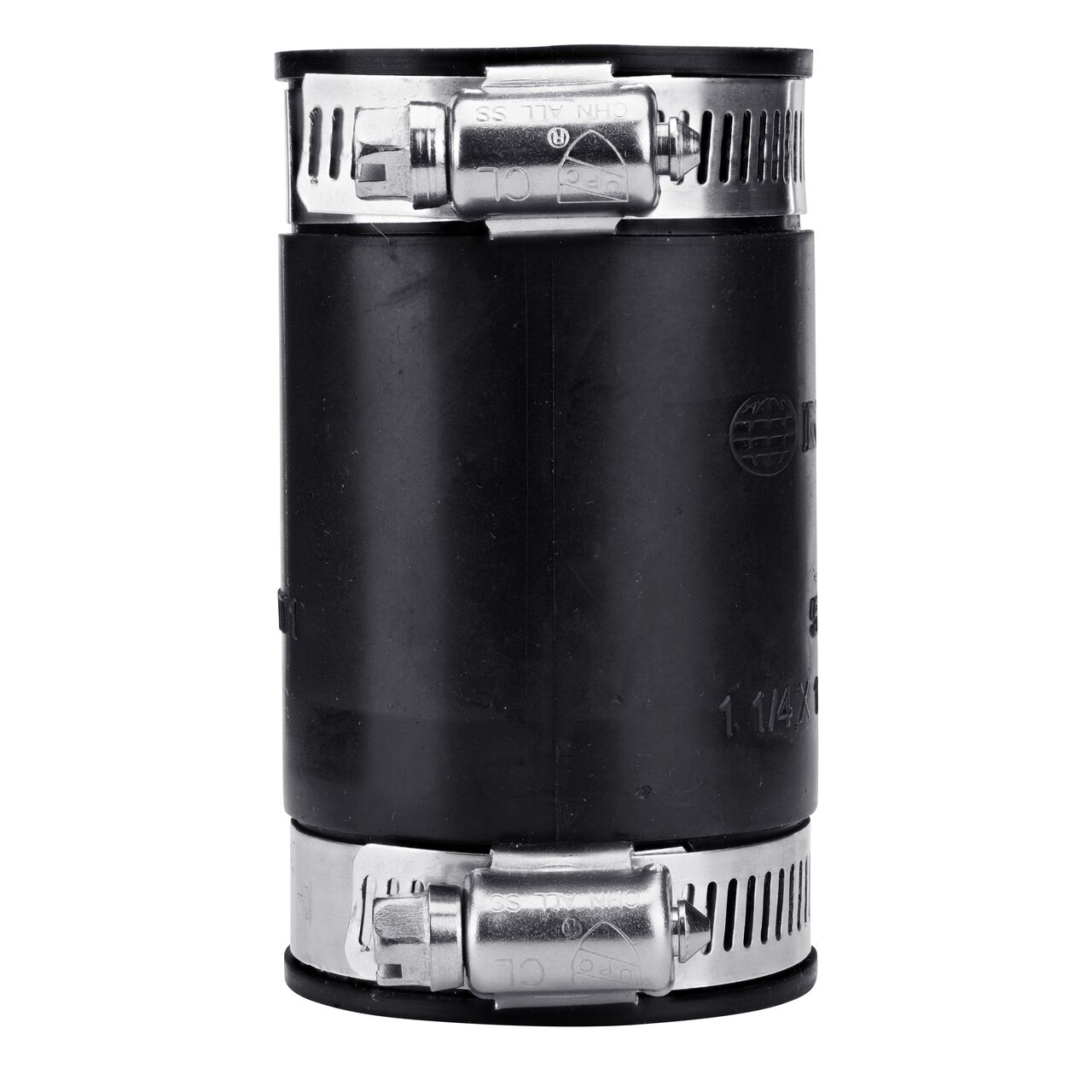 The NDS 1-1/4 in. flex coupling, in vertical position, connects two cast iron/sewer and drain or DWV/copper/steel/lead pipes and provides leak-resistant seals with virtually any pipe (NDS 56-125)