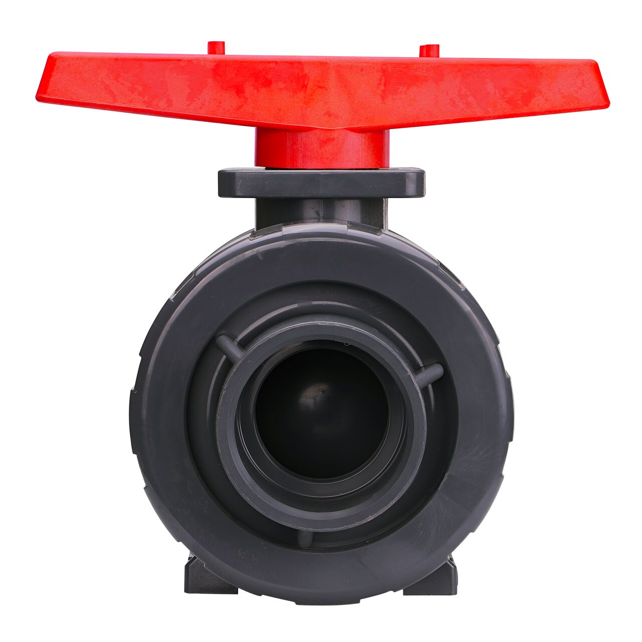 The 2 in. PVC Slip & Threaded True Union Ball Valve (NDS BTU-2500-SE) shown with the connection end attached with the handle in the closed position to show how ball valve provides a shut off point in the system