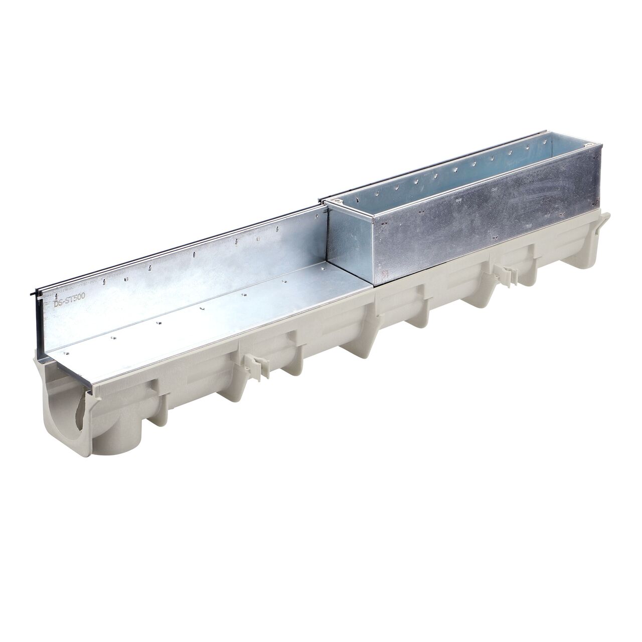 The NDS Dura Slope Channel Drain Slot Top Maintenance Unit (DS-STMAINT) installed on a Dura Slope Channel Drain (NDS DS-091) with a NDS Dura Slope stainless steel slot top channel drain grate (NDS DS-ST2) with the slot drain in the back