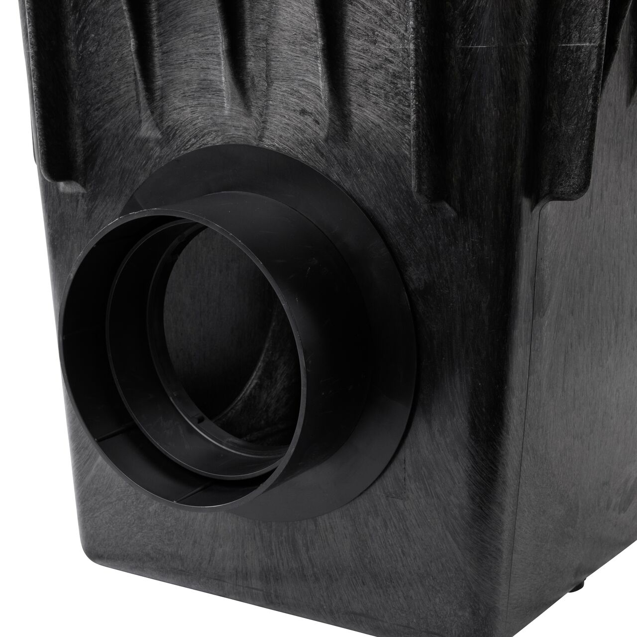 Closeup view of the 6 in. Pipe Outlet (NDS 1266) on the NDS 18 in. Catch Basin Drain with two-opening outlets (NDS 1882) with the NDS Reducer Ring attached (NDS 1890); Retail
