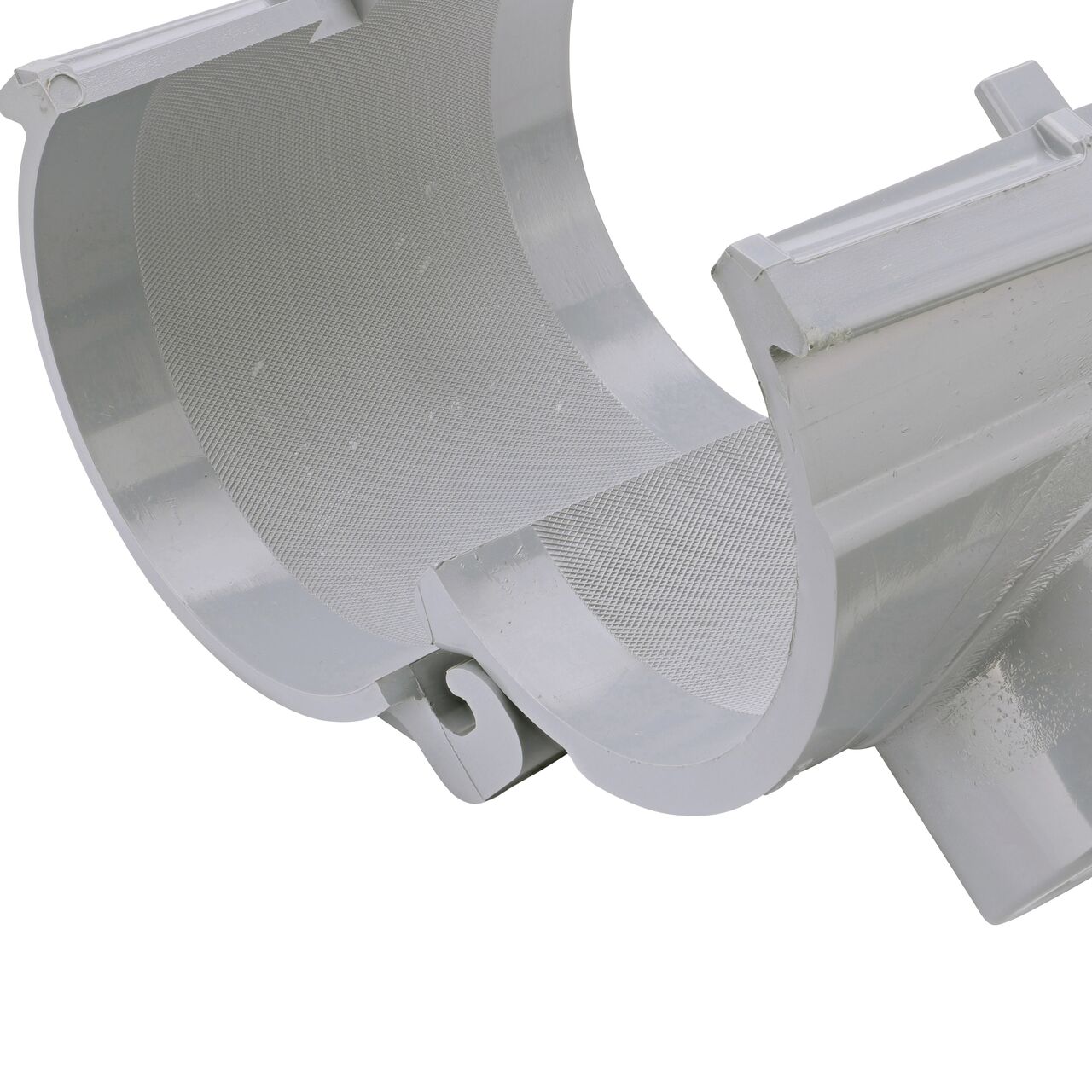 Closeup of the hinge open on the NDS Clamp-It™ Rigid PVC Saddle with 2 in. slip connection on top (NDS 454020) for 4 in. PVC pipe