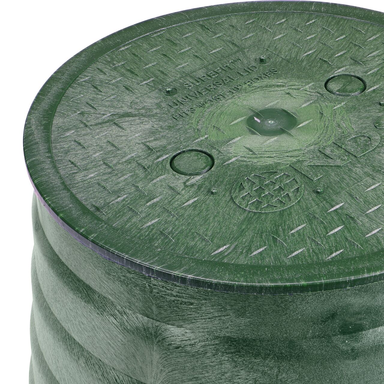 Closeup View of the 10 in. Round SureFit Universal Valve Box Lid (NDS 10RND-UC) installed on the Green Carson Valve Box