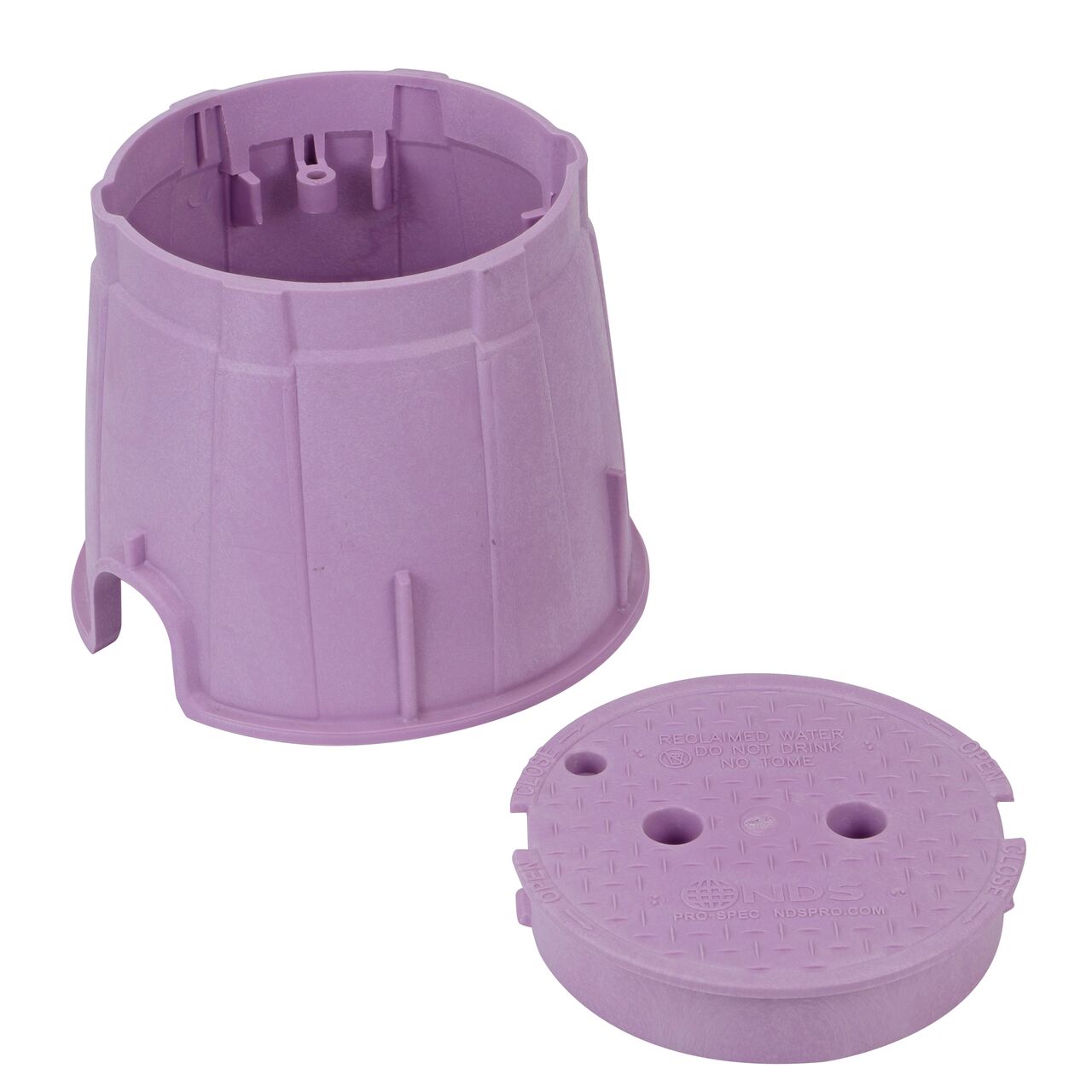 Unassembled View of the NDS 10 in. Round Pro-Spec® Series purple box and purple reclaimed water cover with bolt (NDS 312PBCR) showing the overlapping cover with a bayonet twist-lock lid featuring two finger slots, making it easy to remove or secure onto the box