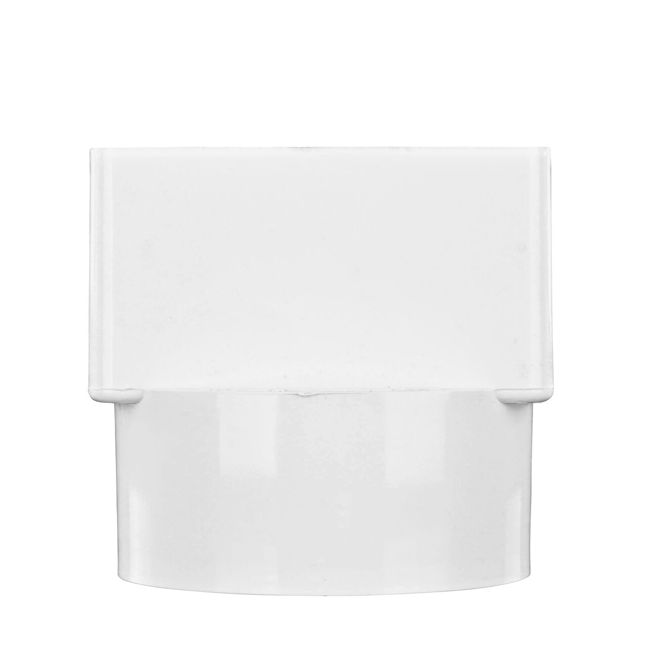 Side view of the PVC offset downspout adapter in position as it would be installed on a 3 in. S&D Hub (NDS 9P03)