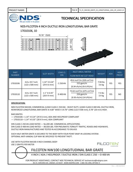 NDS BG-FILCOTEN® 100 Trench Drain Grate Bar Design Ductile Iron Tech Spec