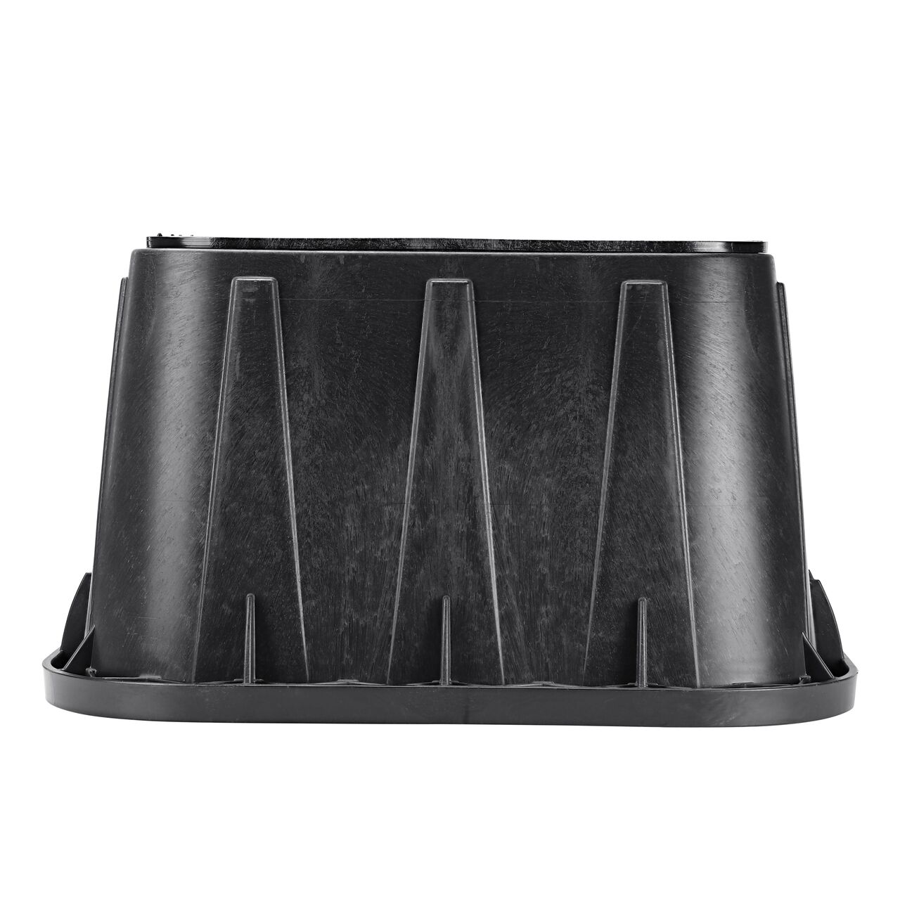 Side view of the longer length side of the NDS 14 in. X 19 in. Rectangular Pro-Spec® Series Valve Box & Water Cover (NDS 313BCBWBLK) which is engineered for superior strength with structural reinforcing ribs
